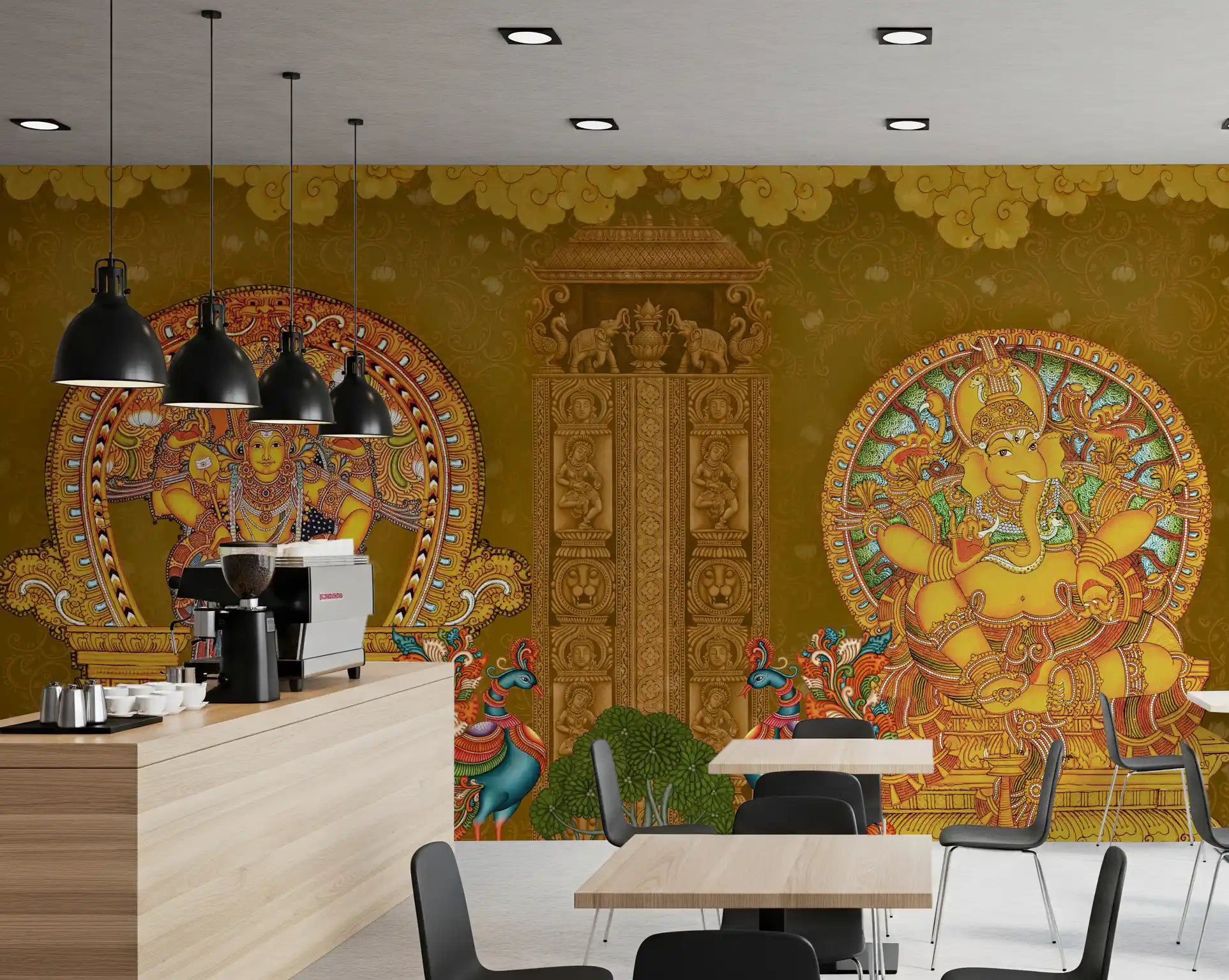 Curved arch entryway opens onto a Café backed by this ochre wall mural