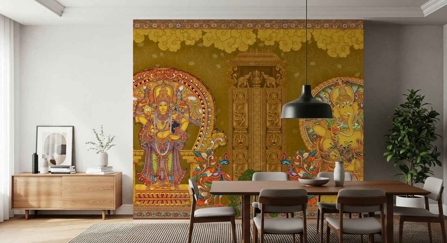Small flowering tree grows between the peacocks on this ochre wall mura
