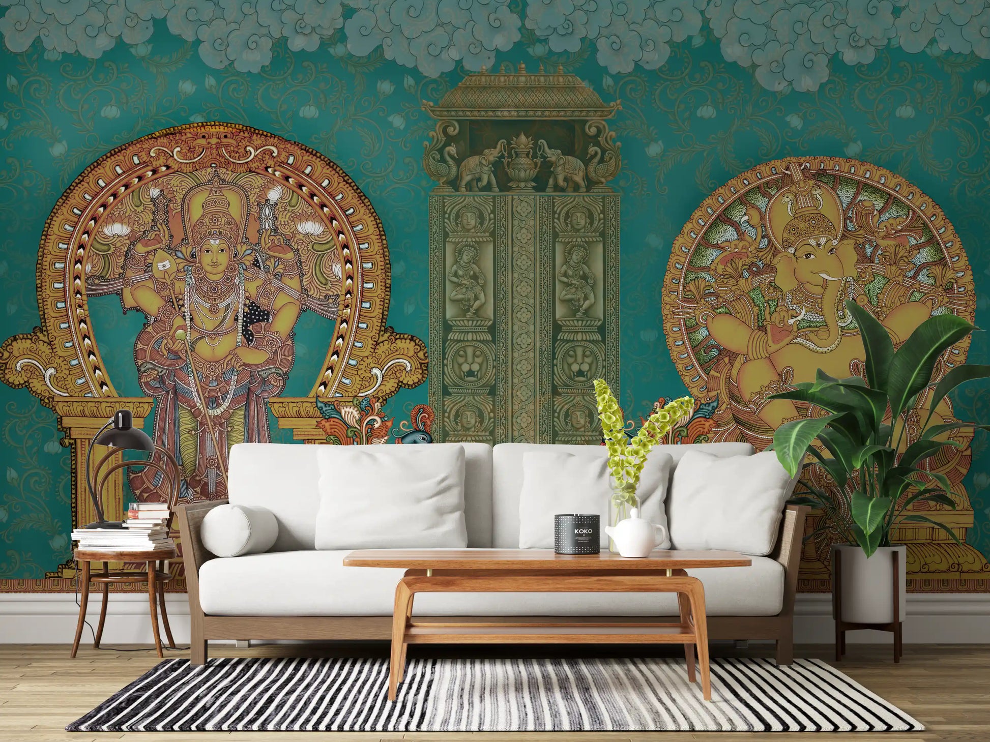 Hallway headboard area finished with the deity and shrine wall mural