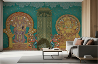 Living room with grey sofa facing the Divine Indian Grandeur wall mural in teal and gold