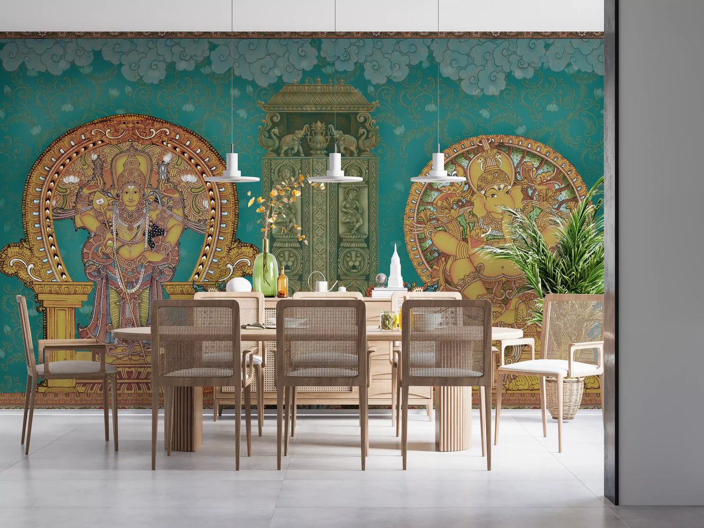 Cream sofa Dining room styled around the Divine Indian Grandeur wall mural