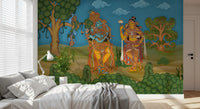 Krishna mid-flute beside Radha holding two lotus blooms in this Kerala wall mural