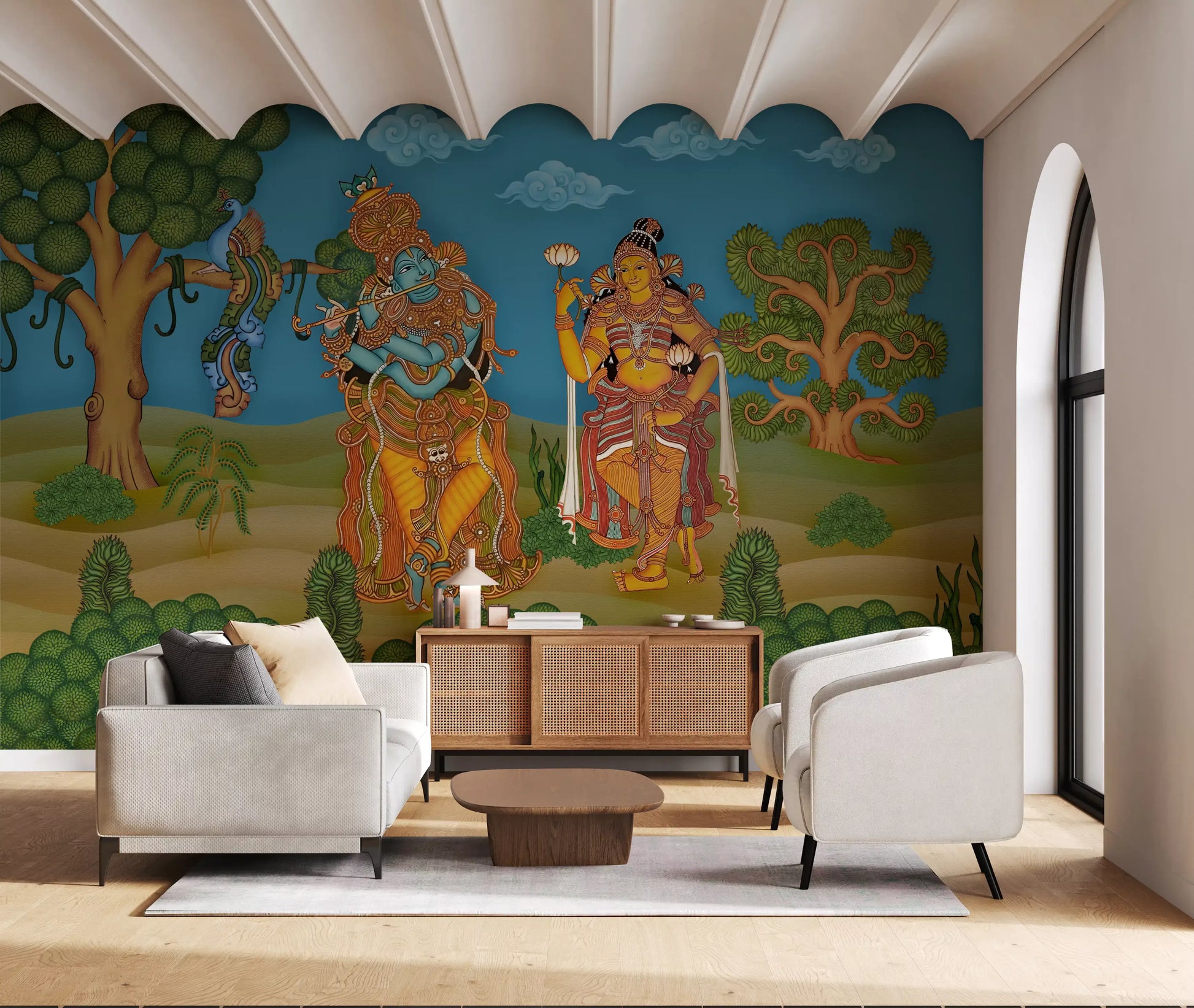 Living room set against the Lotus Bloom mural with peacock and twin trees

