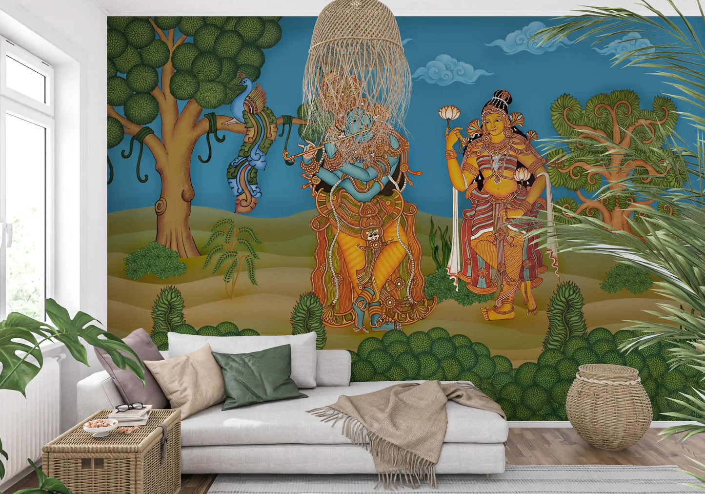 Krishna and Radha mural sits behind a wooden console in a warm living room
