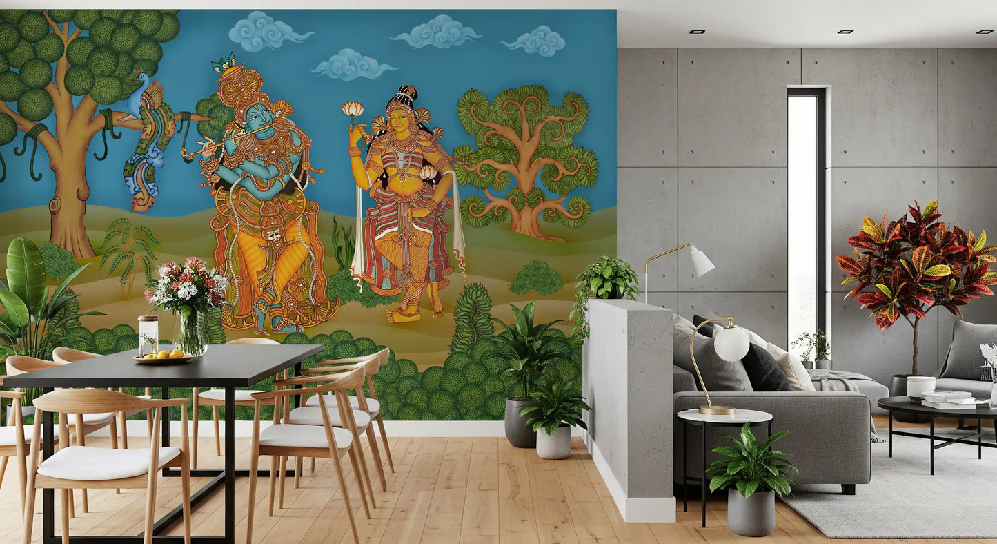 Twin stylised trees curl inward around the figures across this wall mural