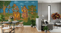 Twin stylised trees curl inward around the figures across this wall mural