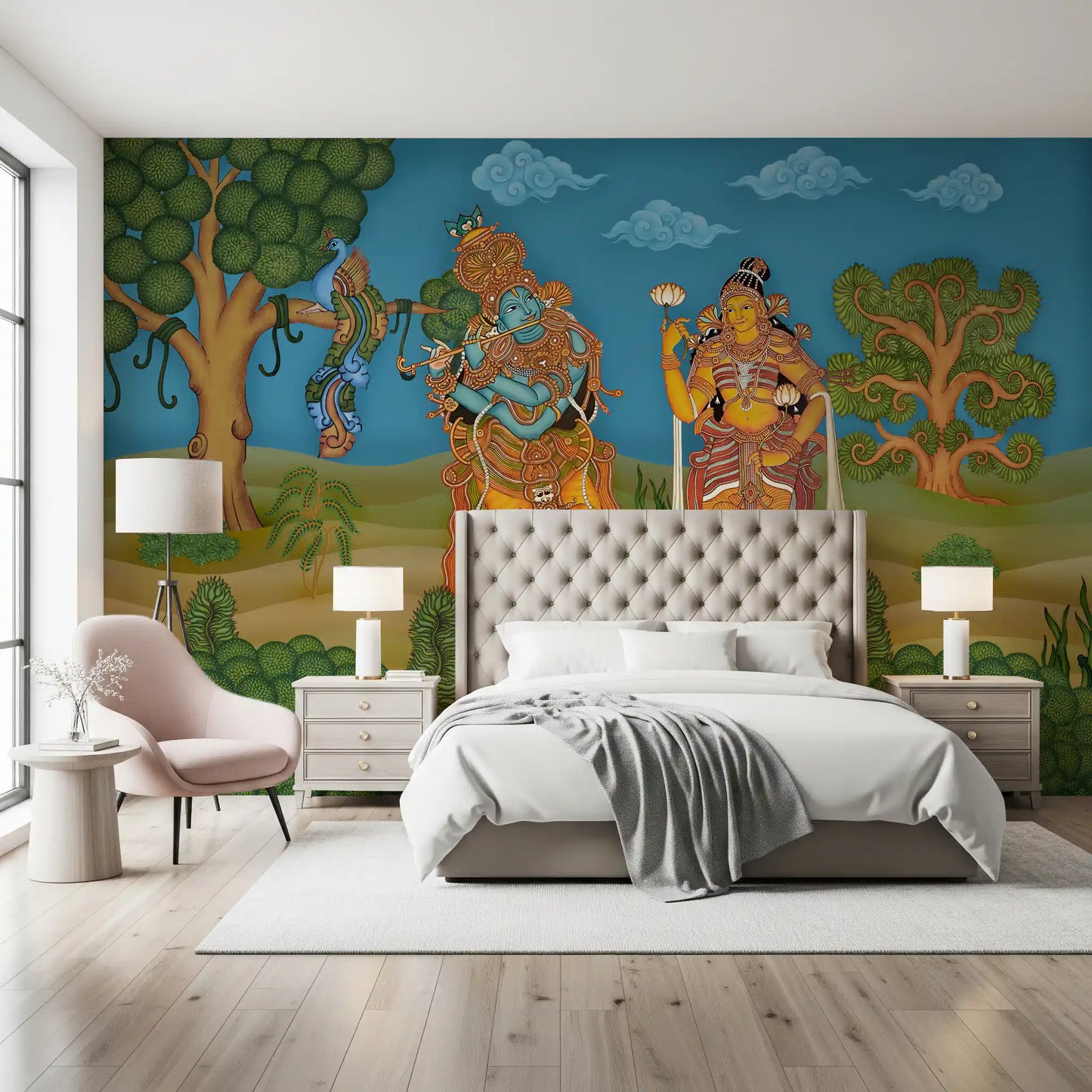 Tailored bedroom finished with the Divine Melody Krishna Radha wall mural