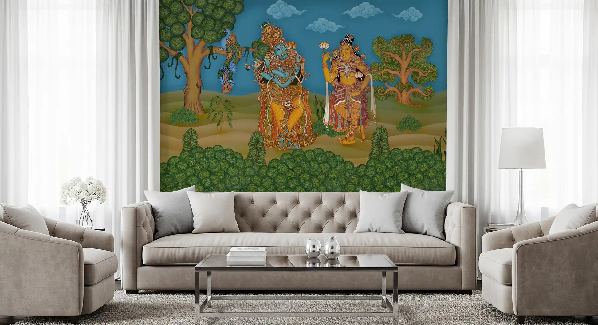 Gold ornament work and saffron garments close on Radha in the Lotus Bloom mural