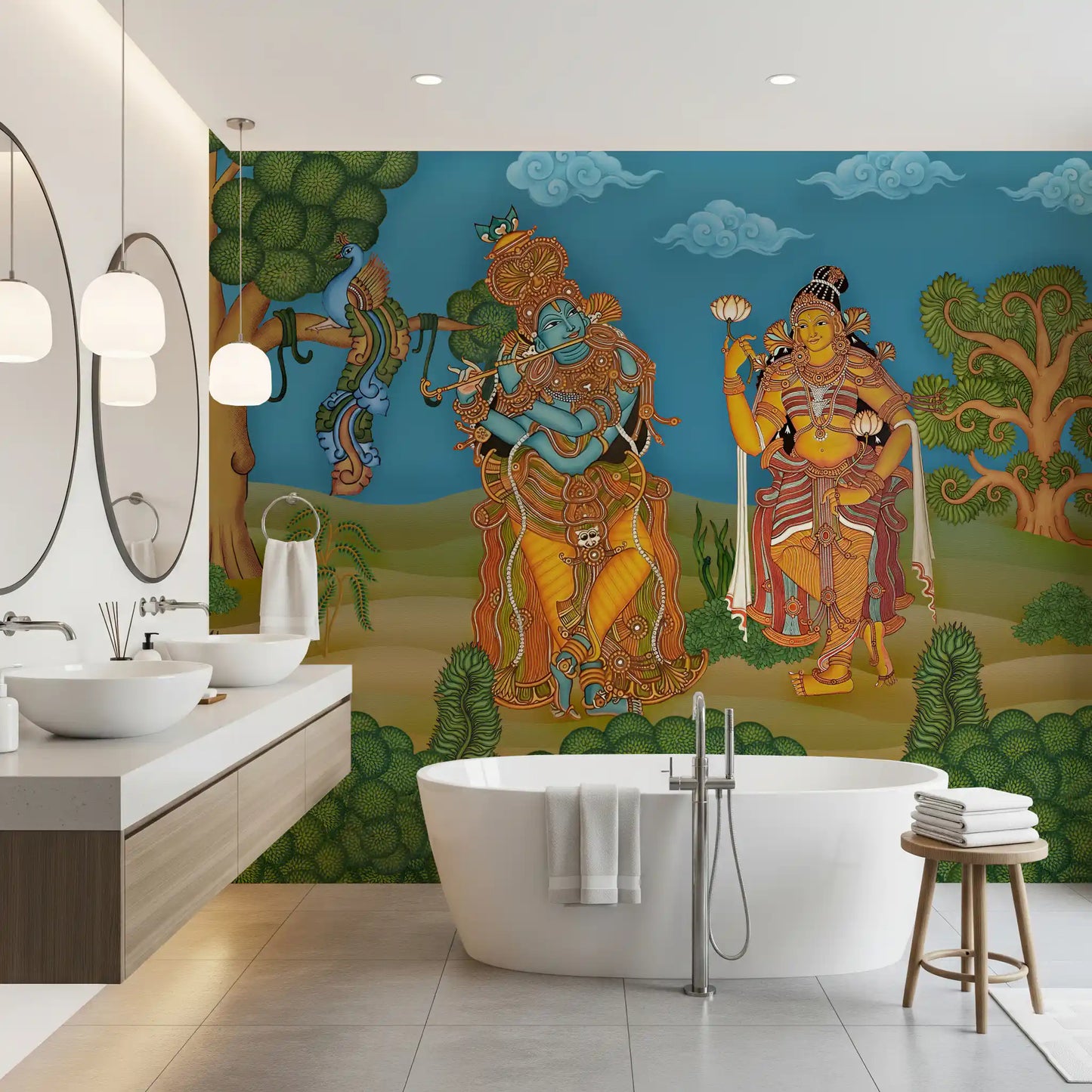 Peacock perched on a curling vine to the left of the Divine Melody wall mural