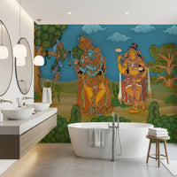 Peacock perched on a curling vine to the left of the Divine Melody wall mural