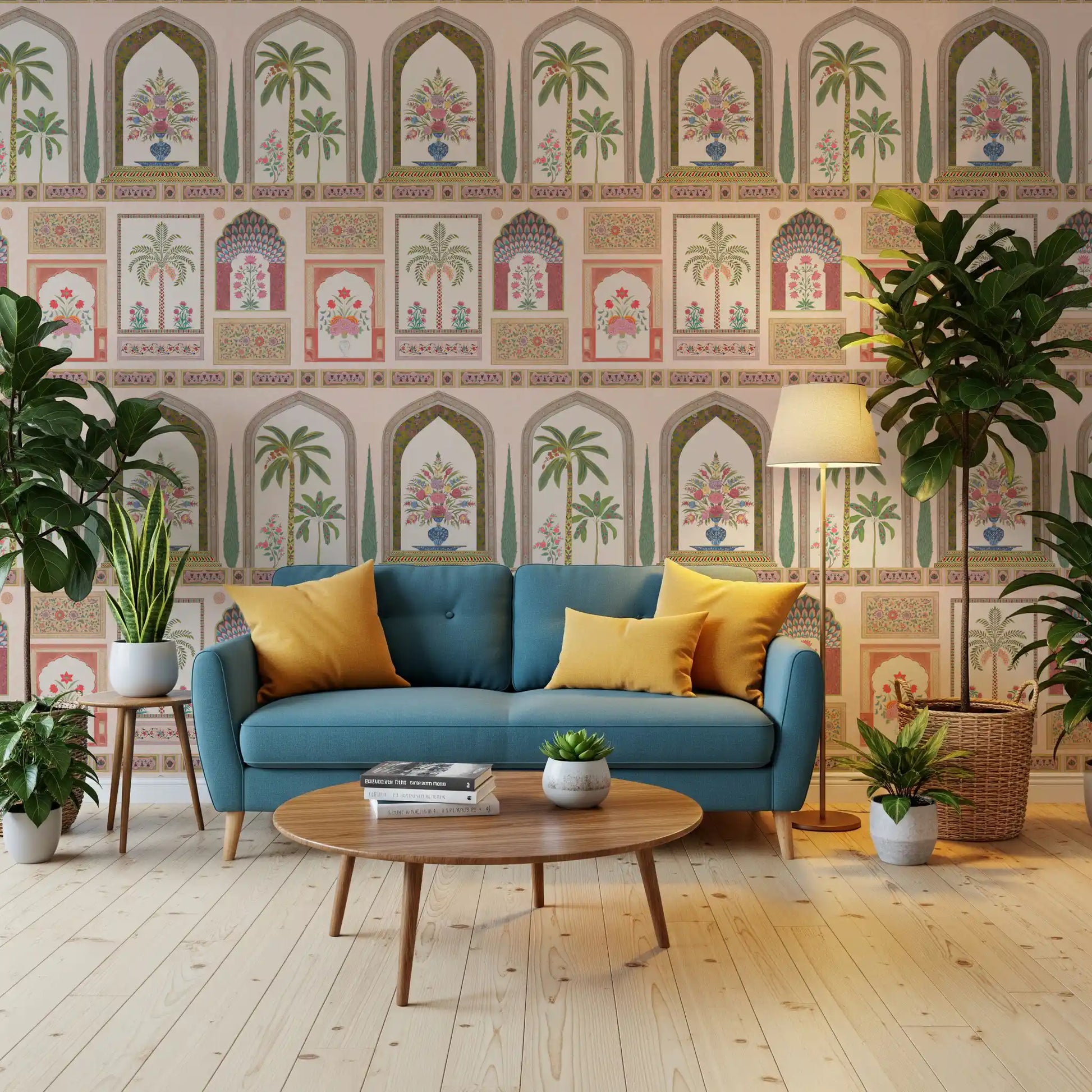 A lounge sits beside the cream and green Mughal Garden Palace wall mural