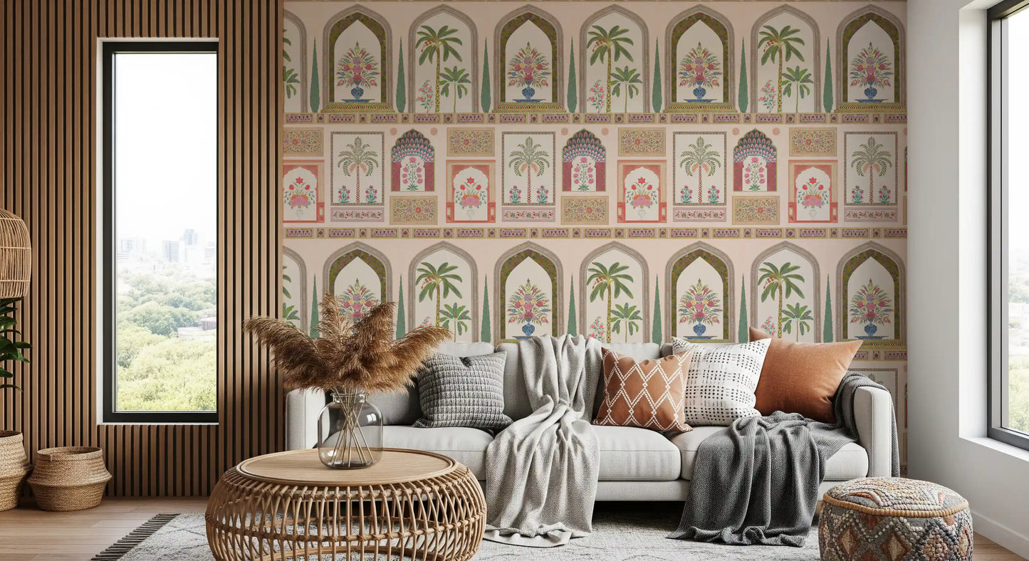 Tight grid of palace alcoves builds the rhythm of the Mughal Garden wall mural