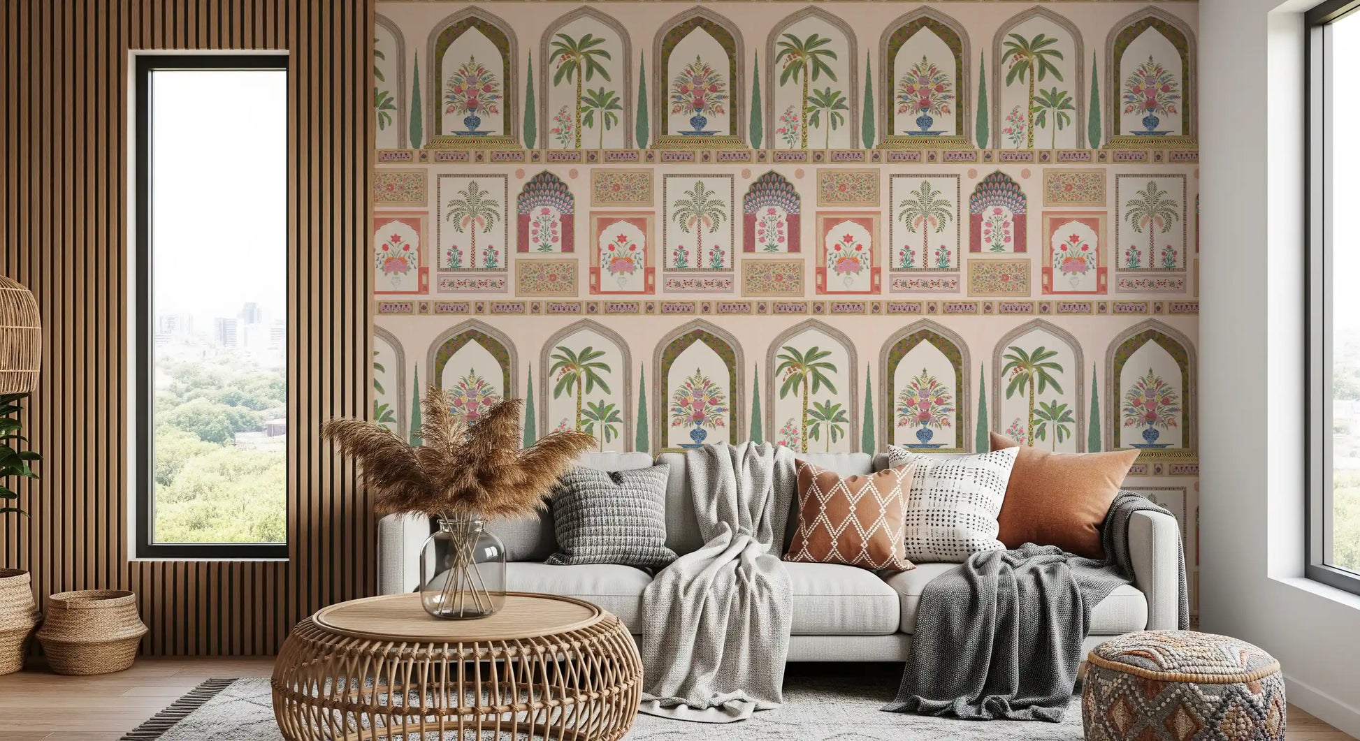Tight grid of palace alcoves builds the rhythm of the Mughal Garden wall mural
