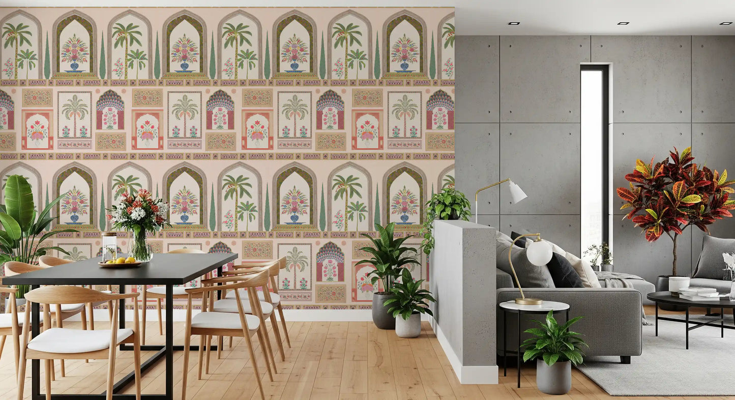Coral, cream and sage tones thread the Mughal Garden Palace wall mural 