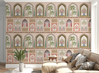 Mughal Garden Palace wall mural sets the backdrop of a soft, layered living room
