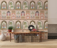 Hallway area around the arched palm panels of this Mughal Garden wall mural