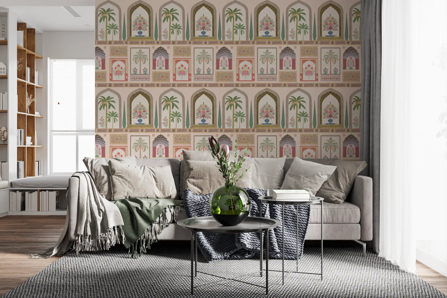 Living room  finished with the arched niche wall mural in blush and sage