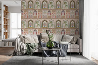 Living room  finished with the arched niche wall mural in blush and sage