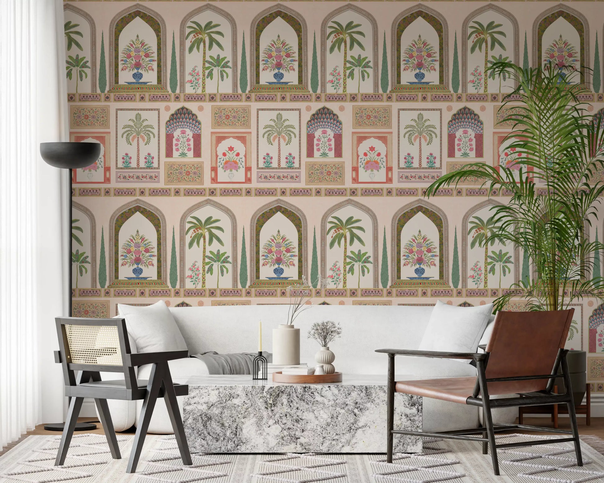 Cypress spires sit between palm panels on this Palace wall mural