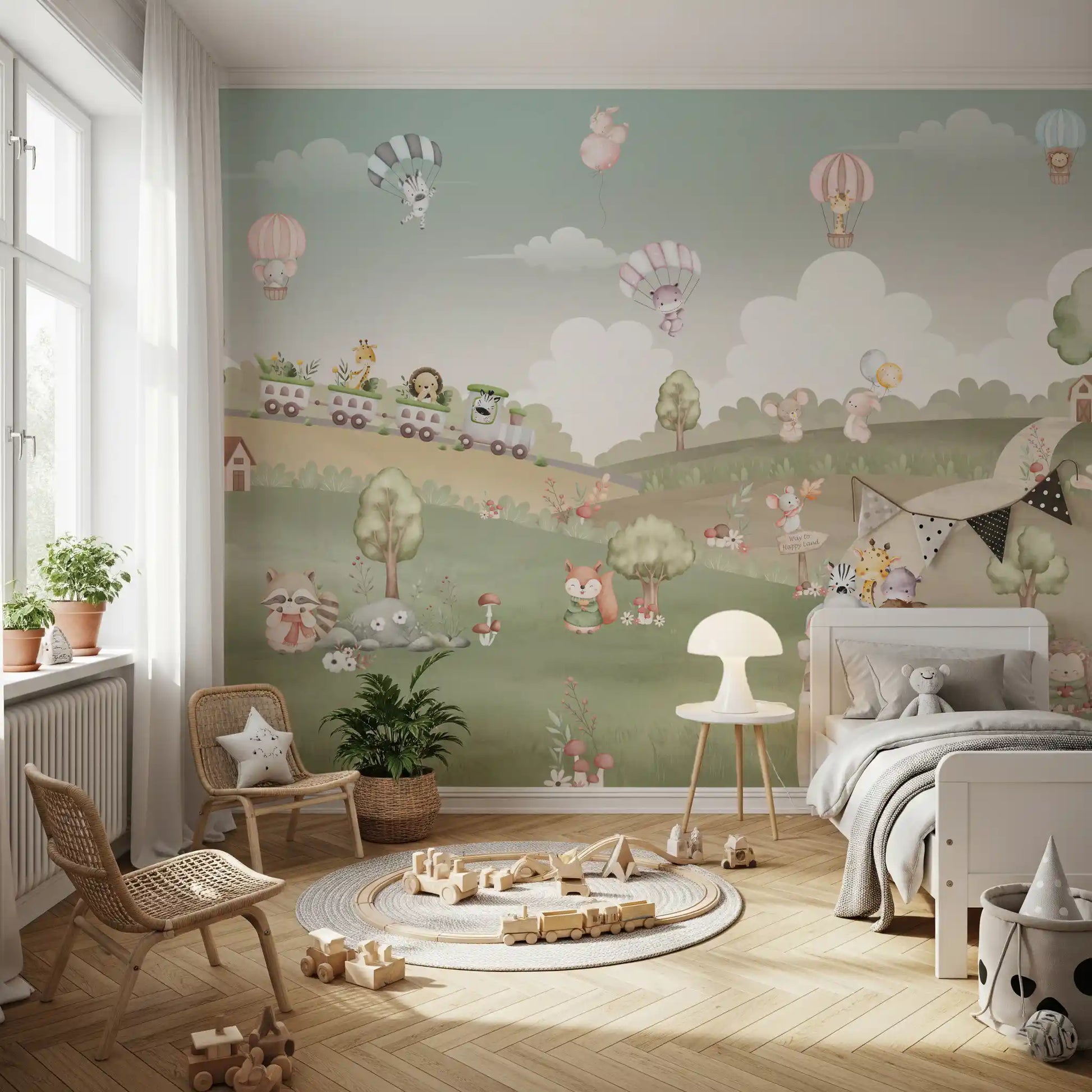 Parachuting bunnies float above pastel meadows on this woodland  wall mural