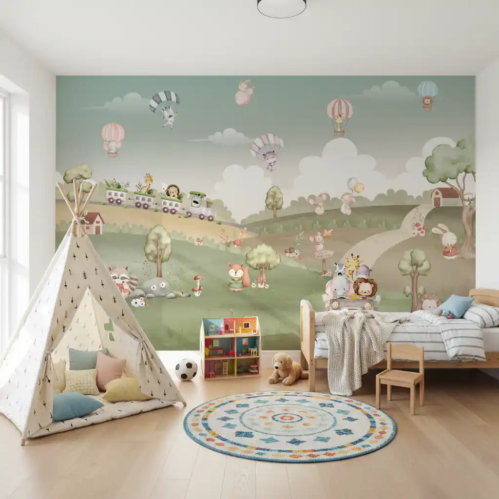 Mint sky, fluffy clouds and hot air balloons drift across the wall mural