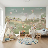 Mint sky, fluffy clouds and hot air balloons drift across the wall mural