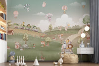 Lion, zebra and elephant ride a tiny car along in the Whimsical wall mural