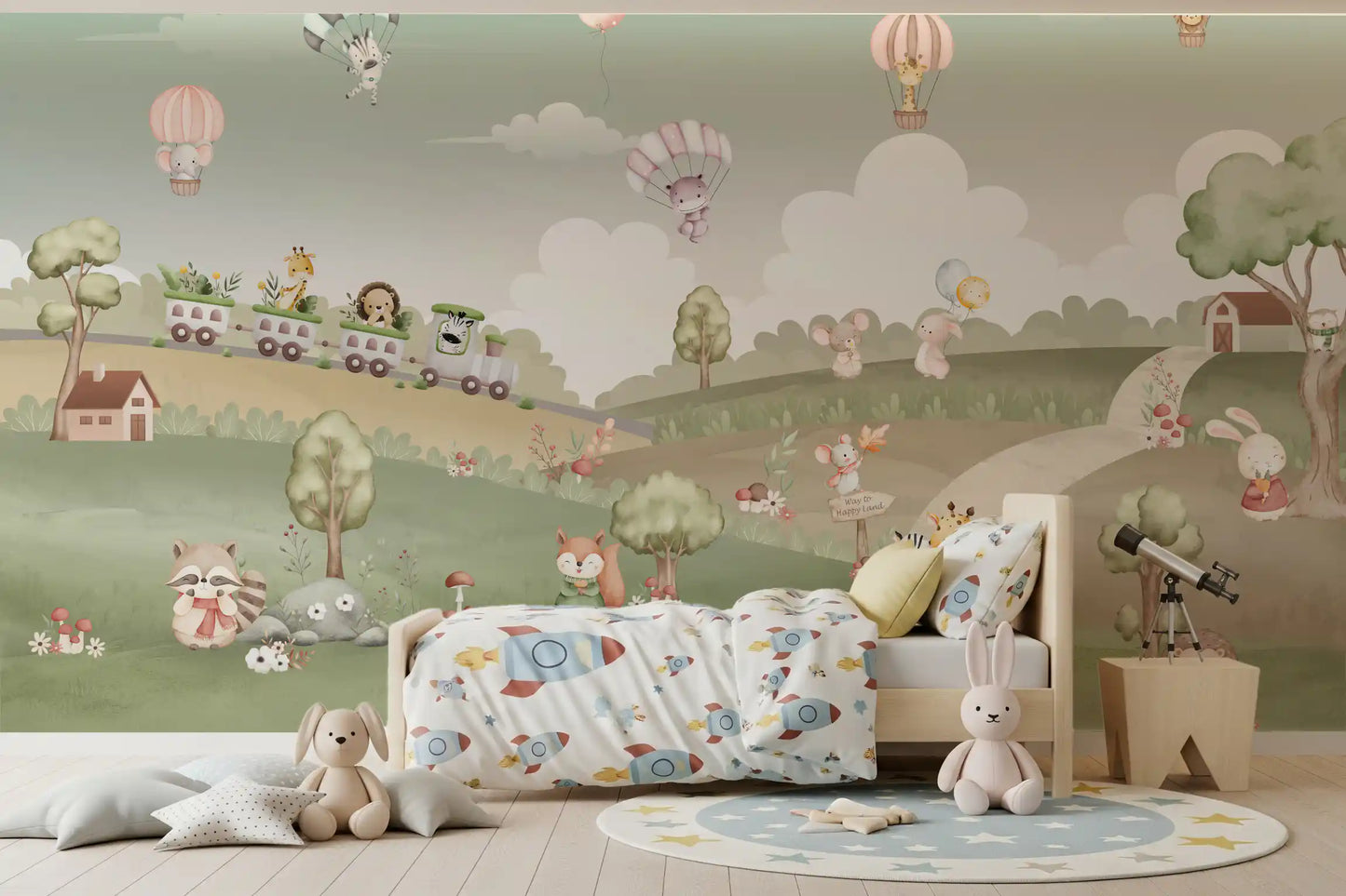 Balloons fill a Kids bedroom dressed in the Whimsical Woodland wall mural