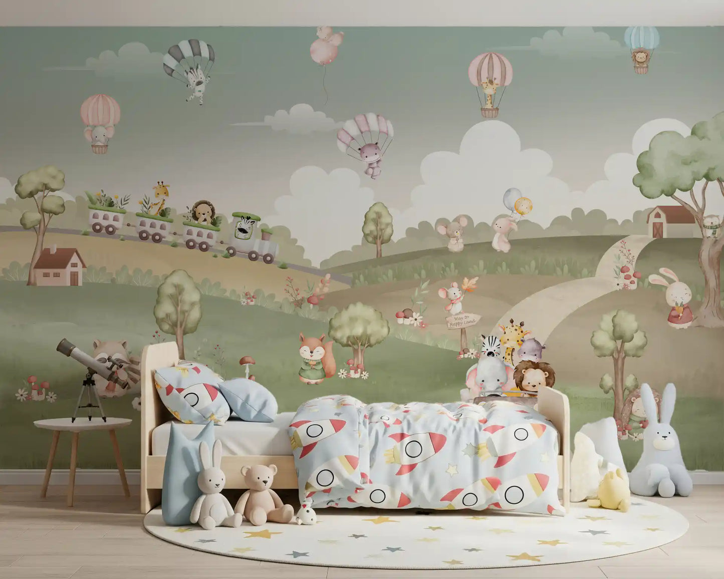 Storybook animals run across a bedroom wall mural for a calm, cheerful look