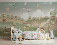 Storybook animals run across a bedroom wall mural for a calm, cheerful look