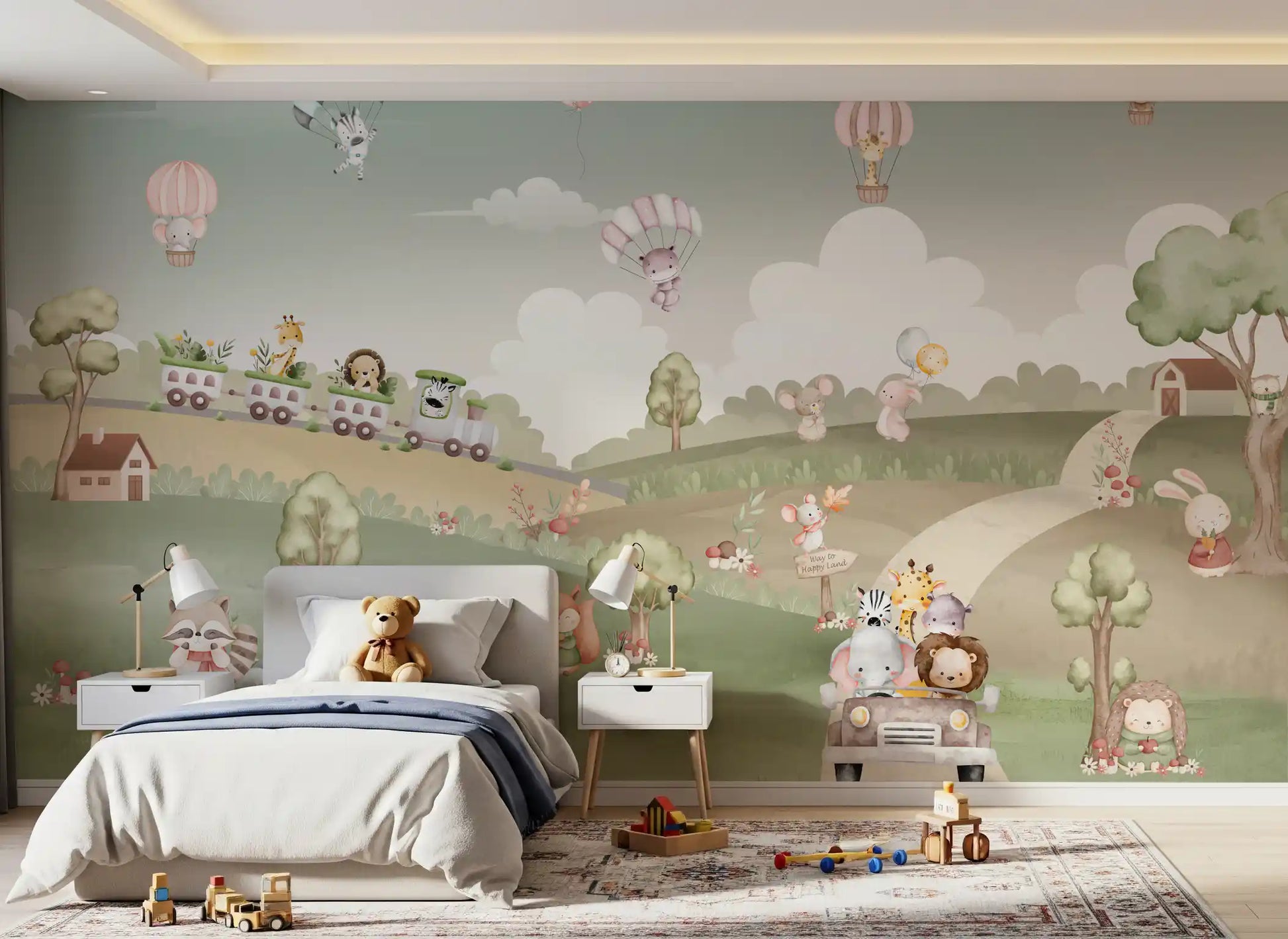 Mint and blush tones suit a kids' room styled with the Woodland Adventure wall mural