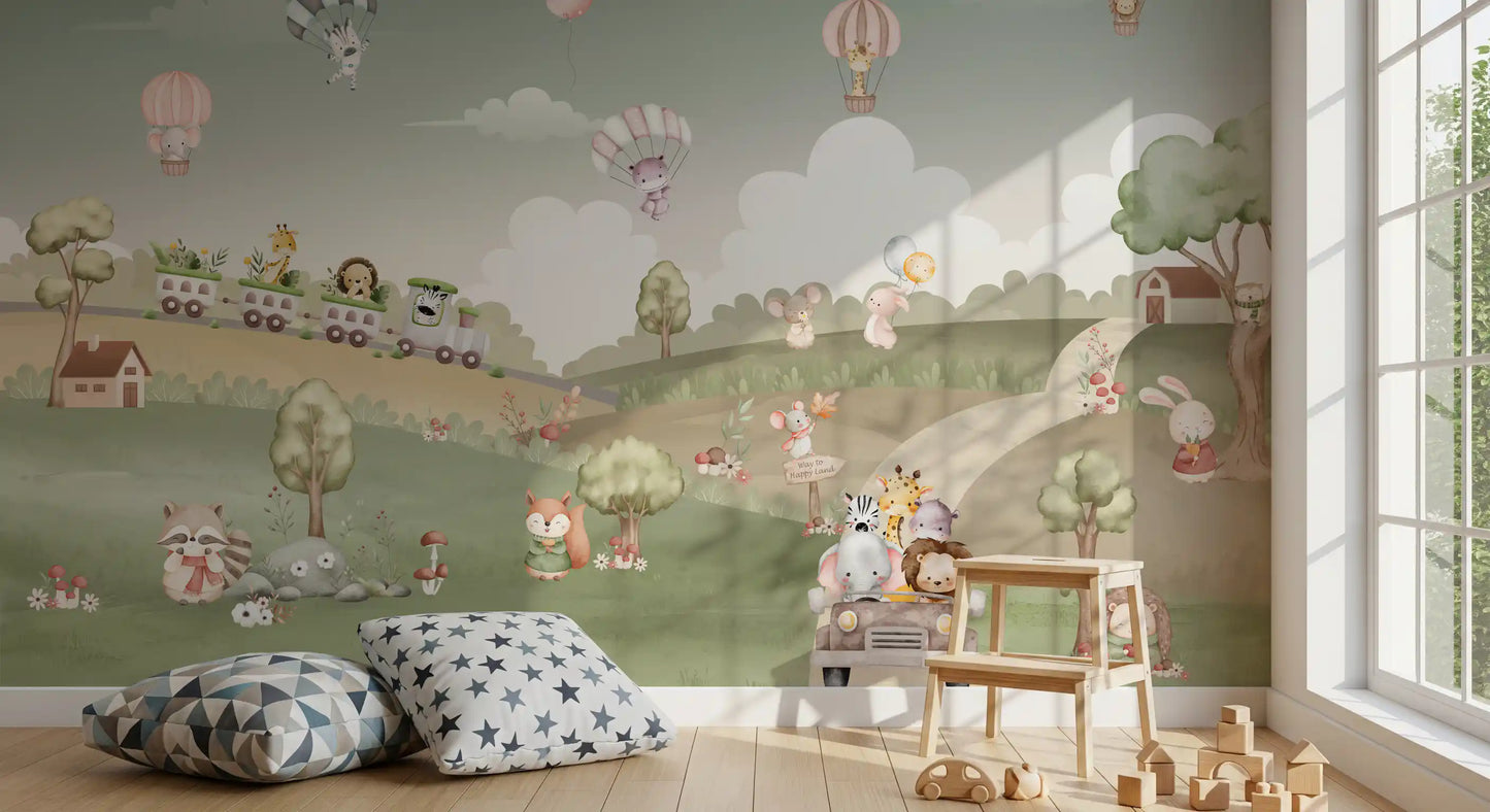 Tiny giraffes and bunnies decorate a play corner backed by the Whimsical Woodland wall mural