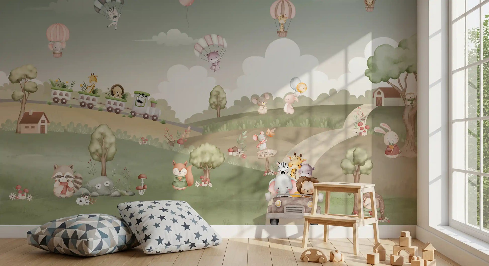 Tiny giraffes and bunnies decorate a play corner backed by the Whimsical Woodland wall mural