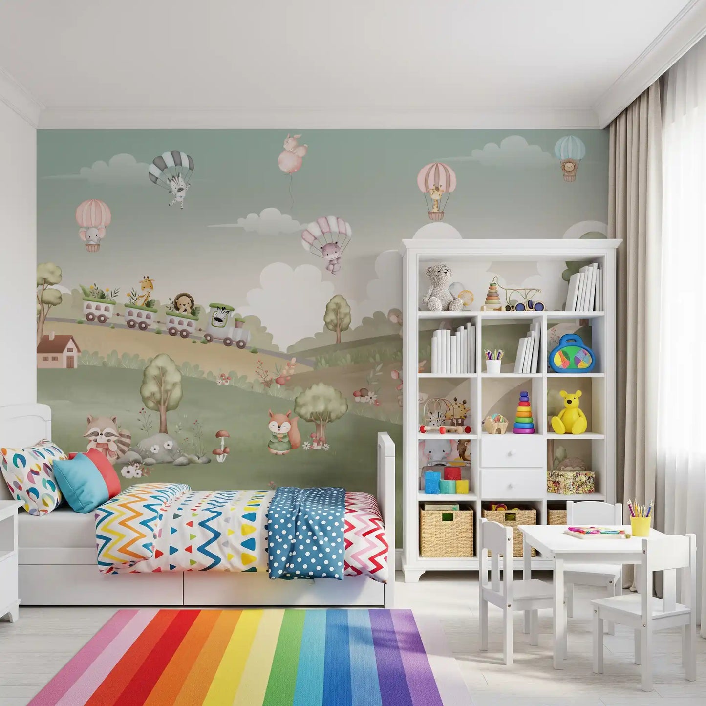 Train and balloons set the scene in the Whimsical Woodland Adventure wall mural