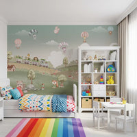 Train and balloons set the scene in the Whimsical Woodland Adventure wall mural