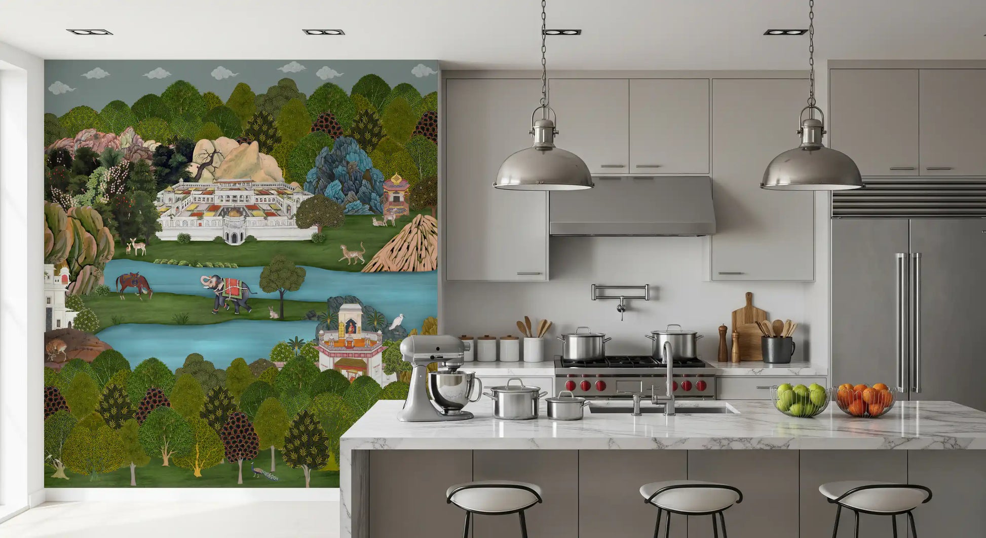 Deer, leopard and herons populate this Oasis Landscape wall mural 