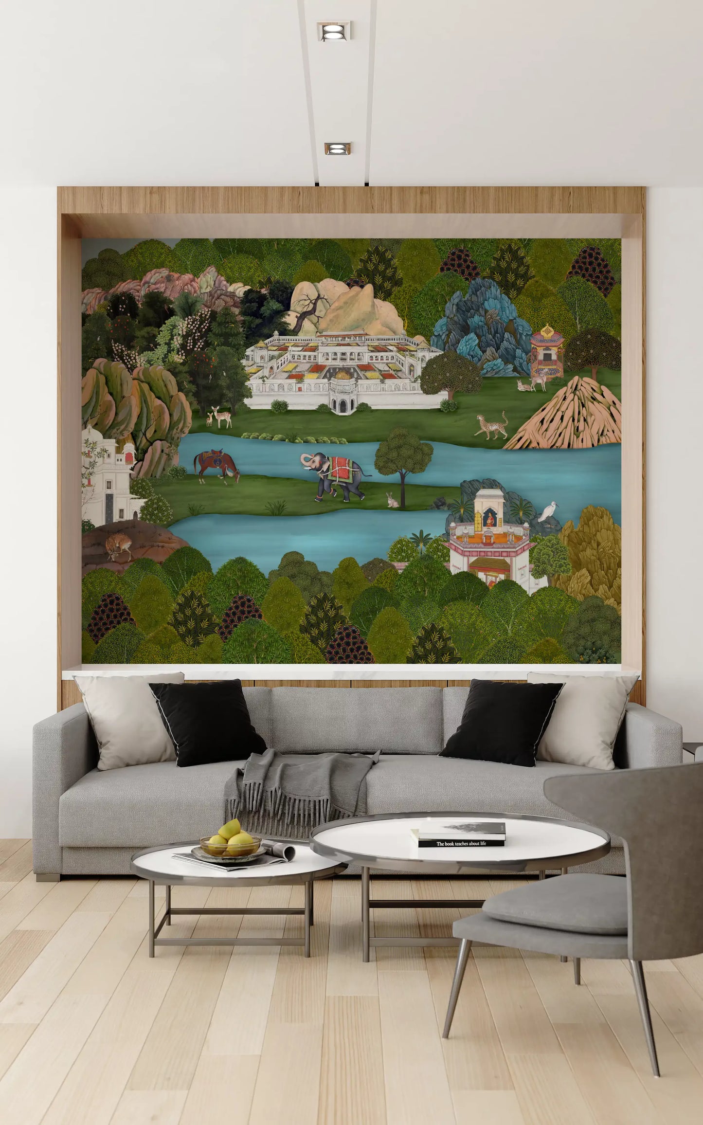 River, pavilion and clouds drift across the Mughal Oasis wall mural