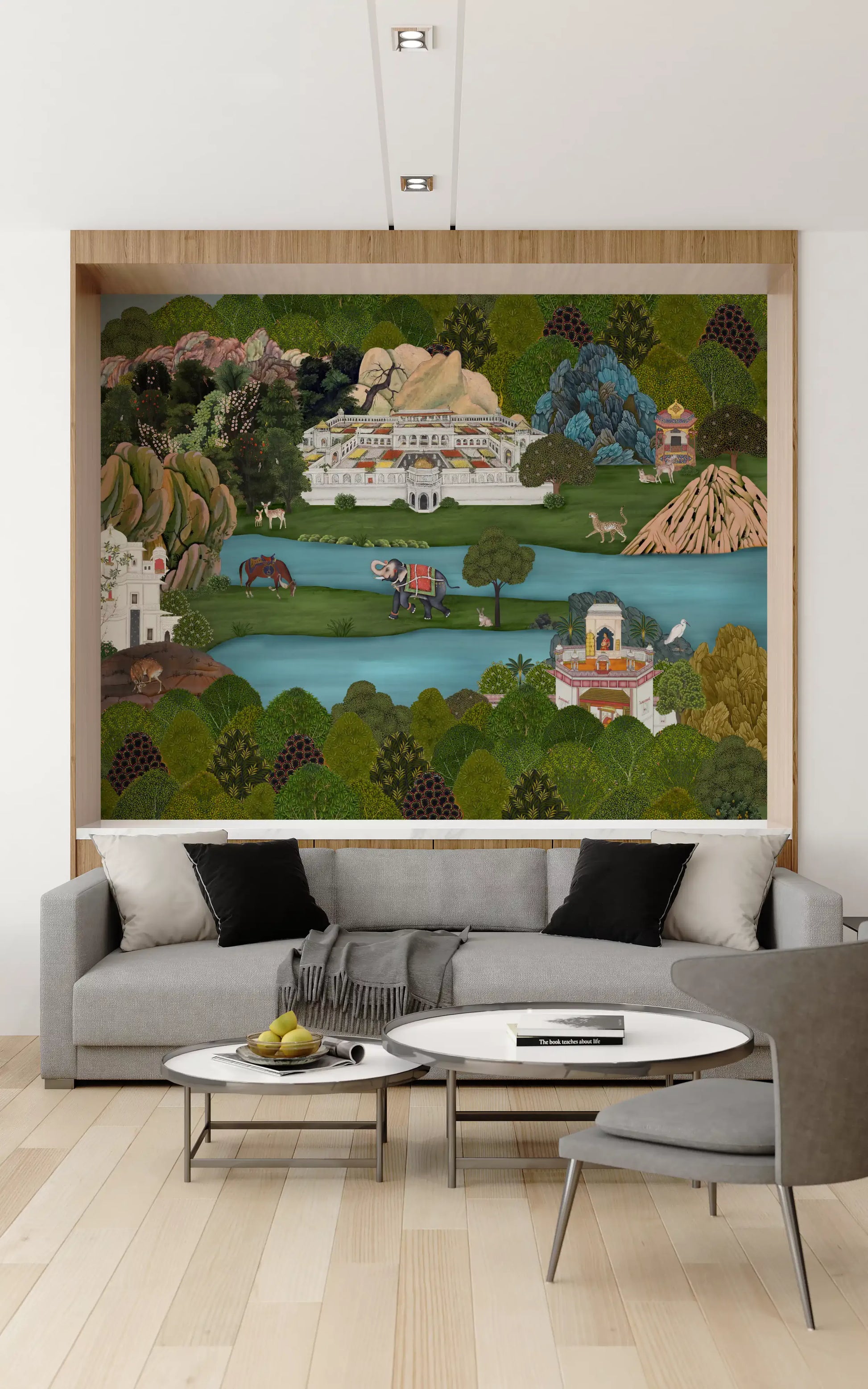 River, pavilion and clouds drift across the Mughal Oasis wall mural