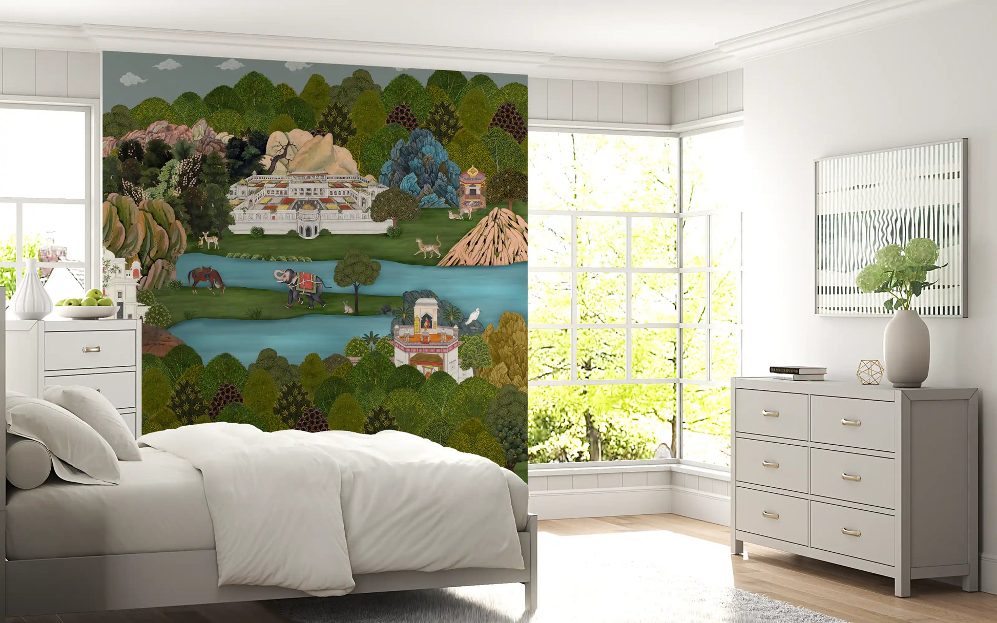 Bedroom area with the Mughal Oasis Landscape wall mural in view