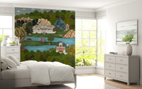 Bedroom area with the Mughal Oasis Landscape wall mural in view