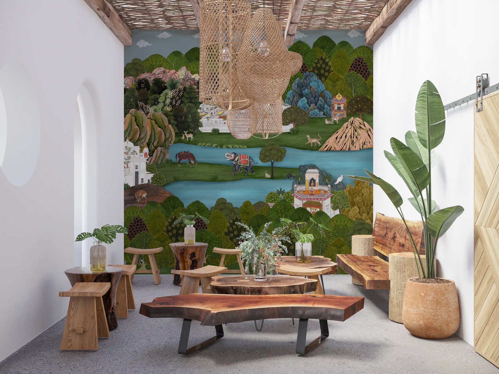 sitting area  backed by the Mughal Oasis Landscape wall mural in a quiet corner
