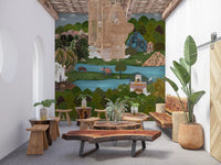 sitting area  backed by the Mughal Oasis Landscape wall mural in a quiet corner
