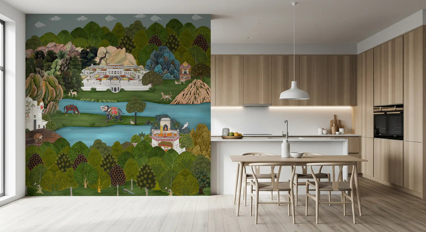 Modern kitchen-dining area finished in the Mughal Oasis wall mural