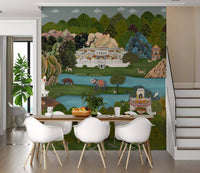 Dining room with the Mughal Oasis Landscape wall mural behind a pale table setting