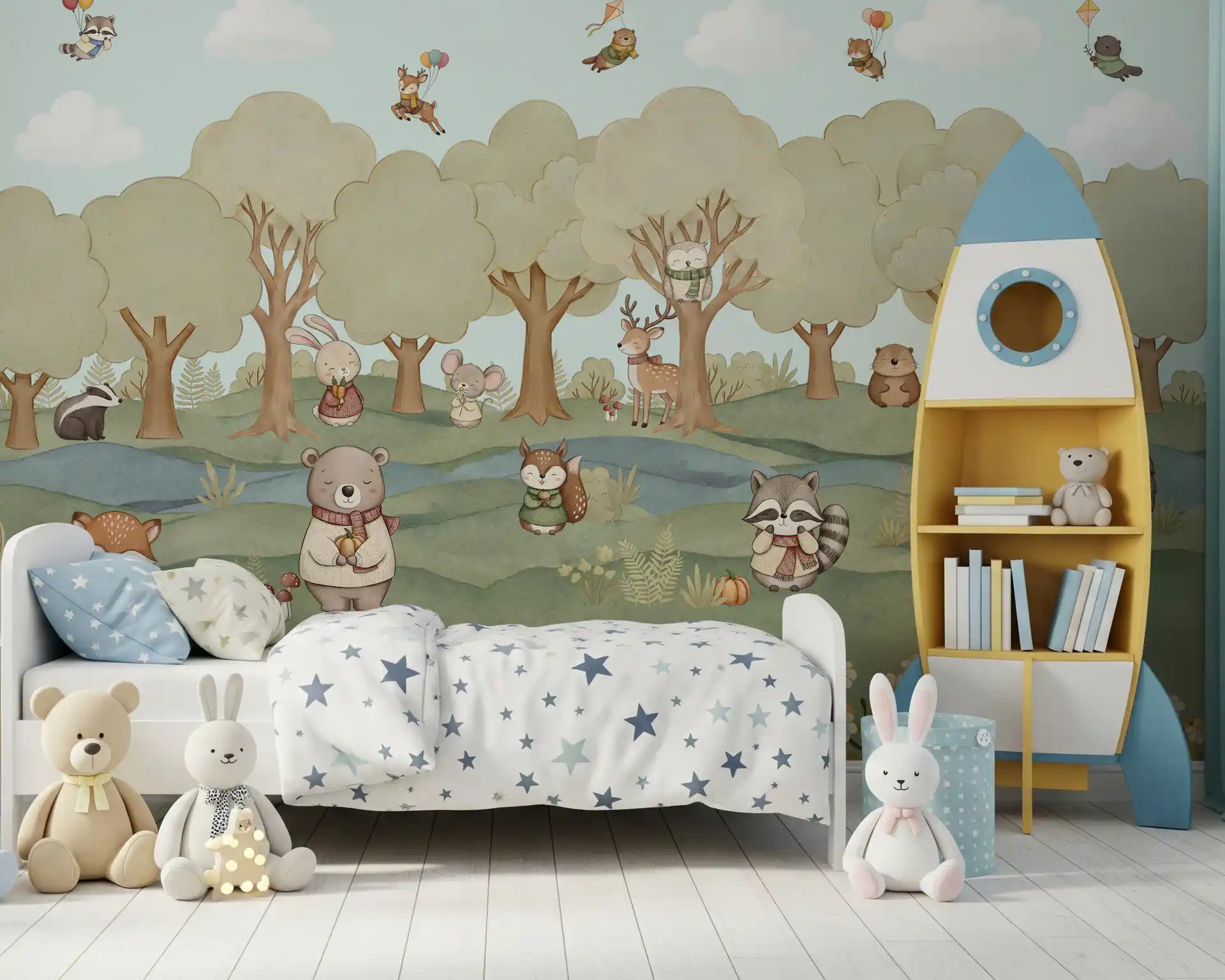 Kids' bedroom showcasing the Whimsical Woodland Friends wall mural 