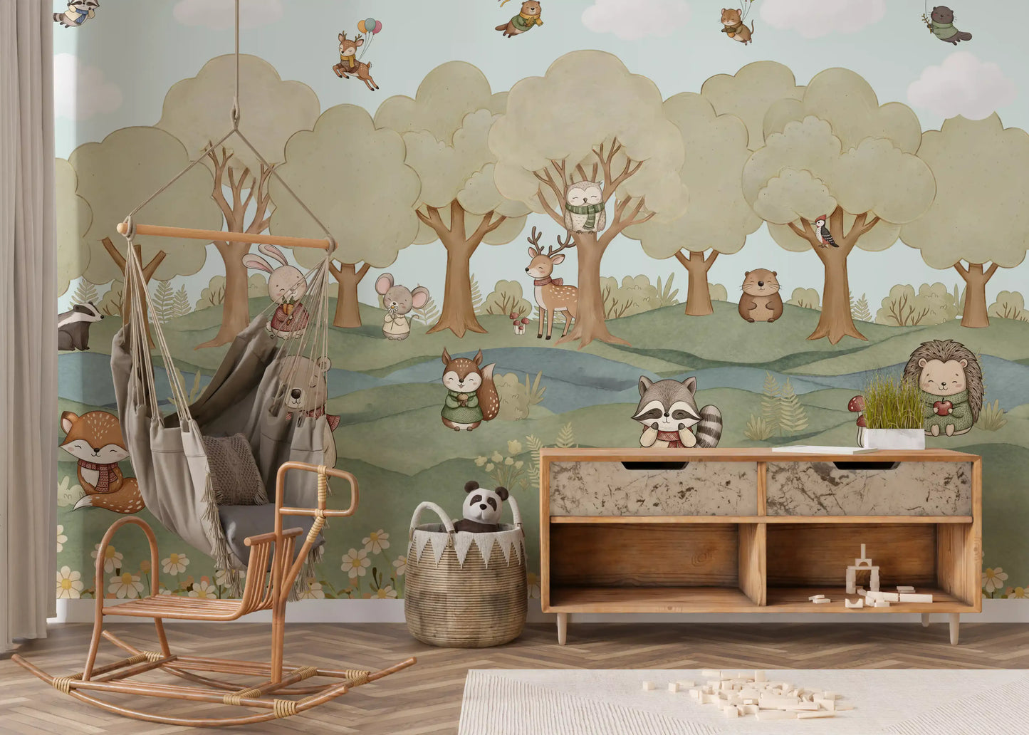 Pastel sage trees and cream foliage detail in the woodland wall mural