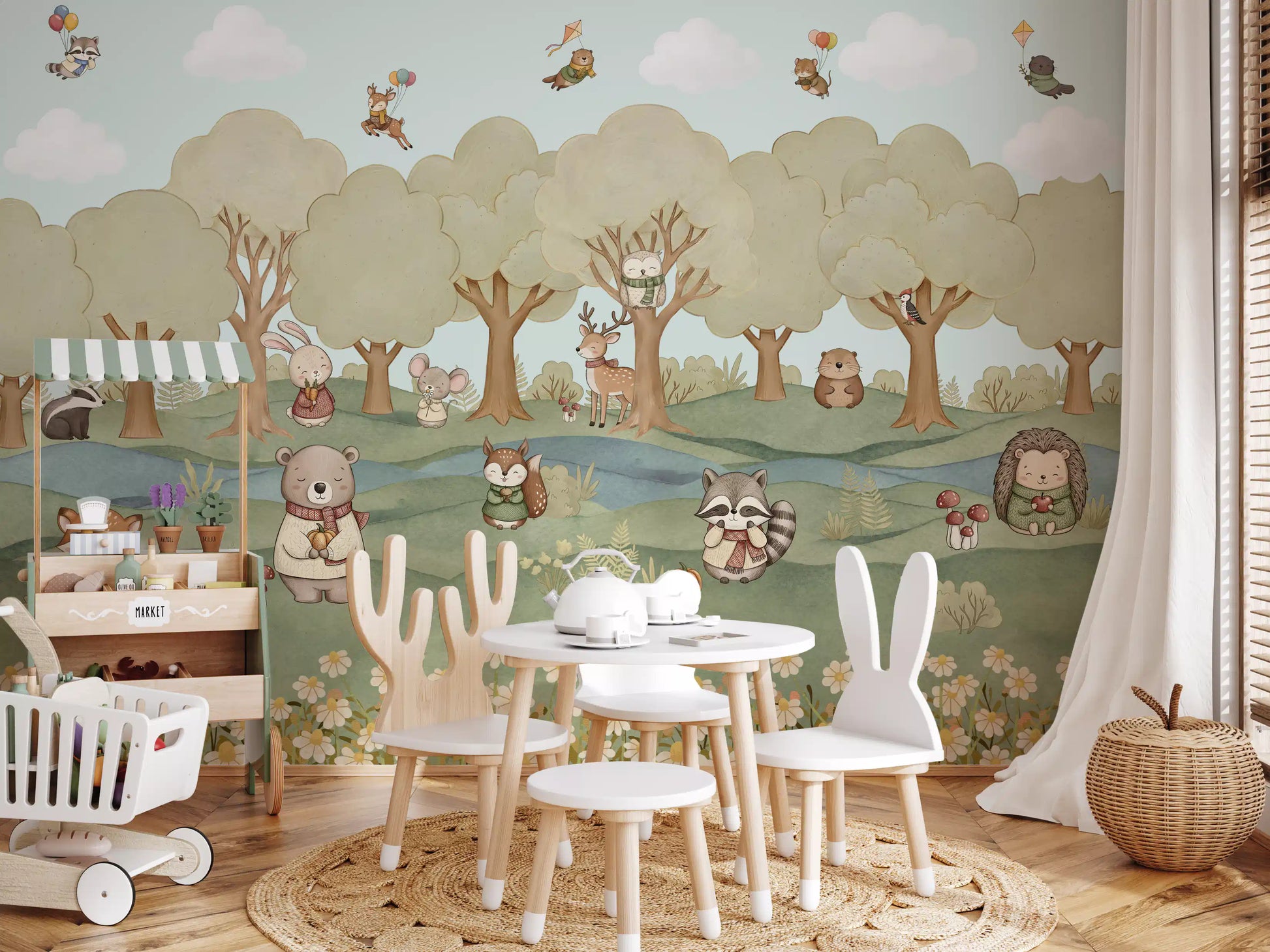 Kids Play room styled around the whimsical forest animals wall mural