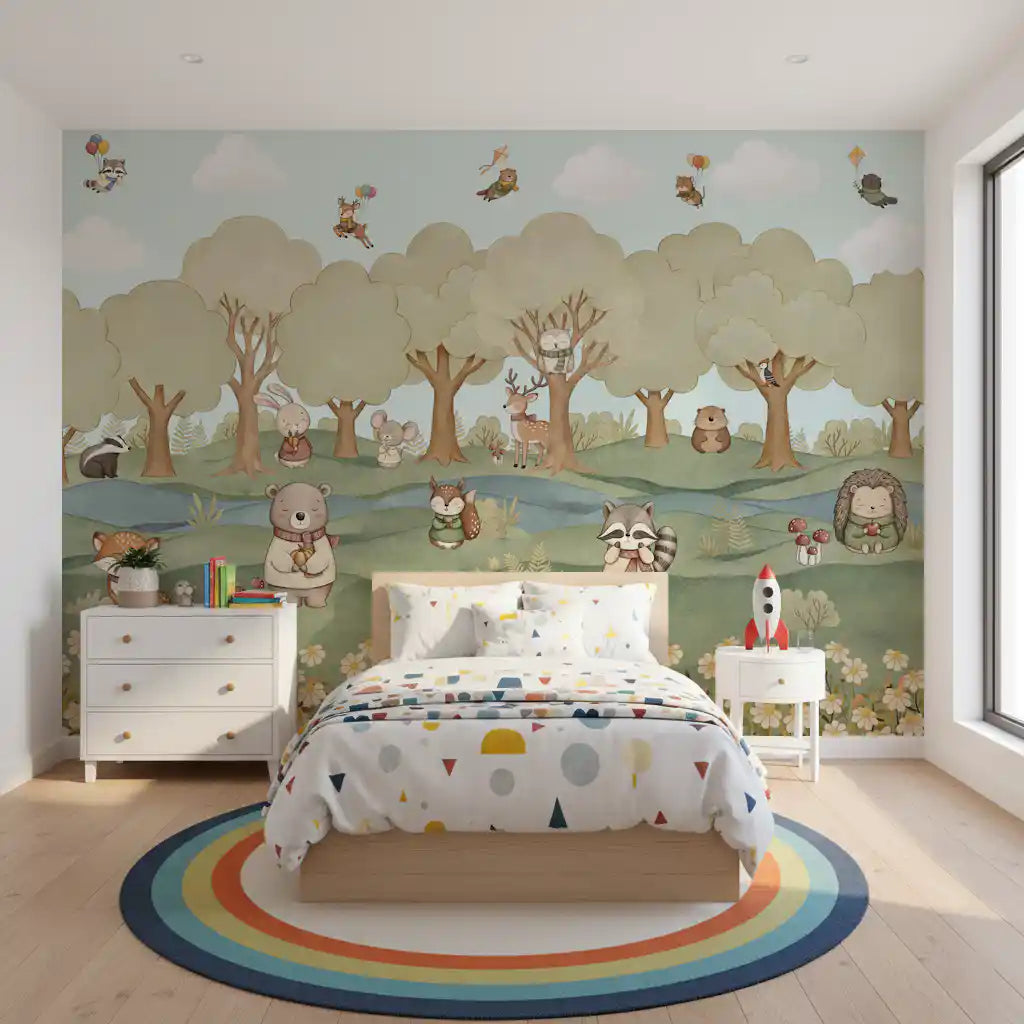 Bedroom feature finished in the Woodland Friends wall mural