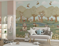 Pastel forest scene wall mural wrapping a bright nursery