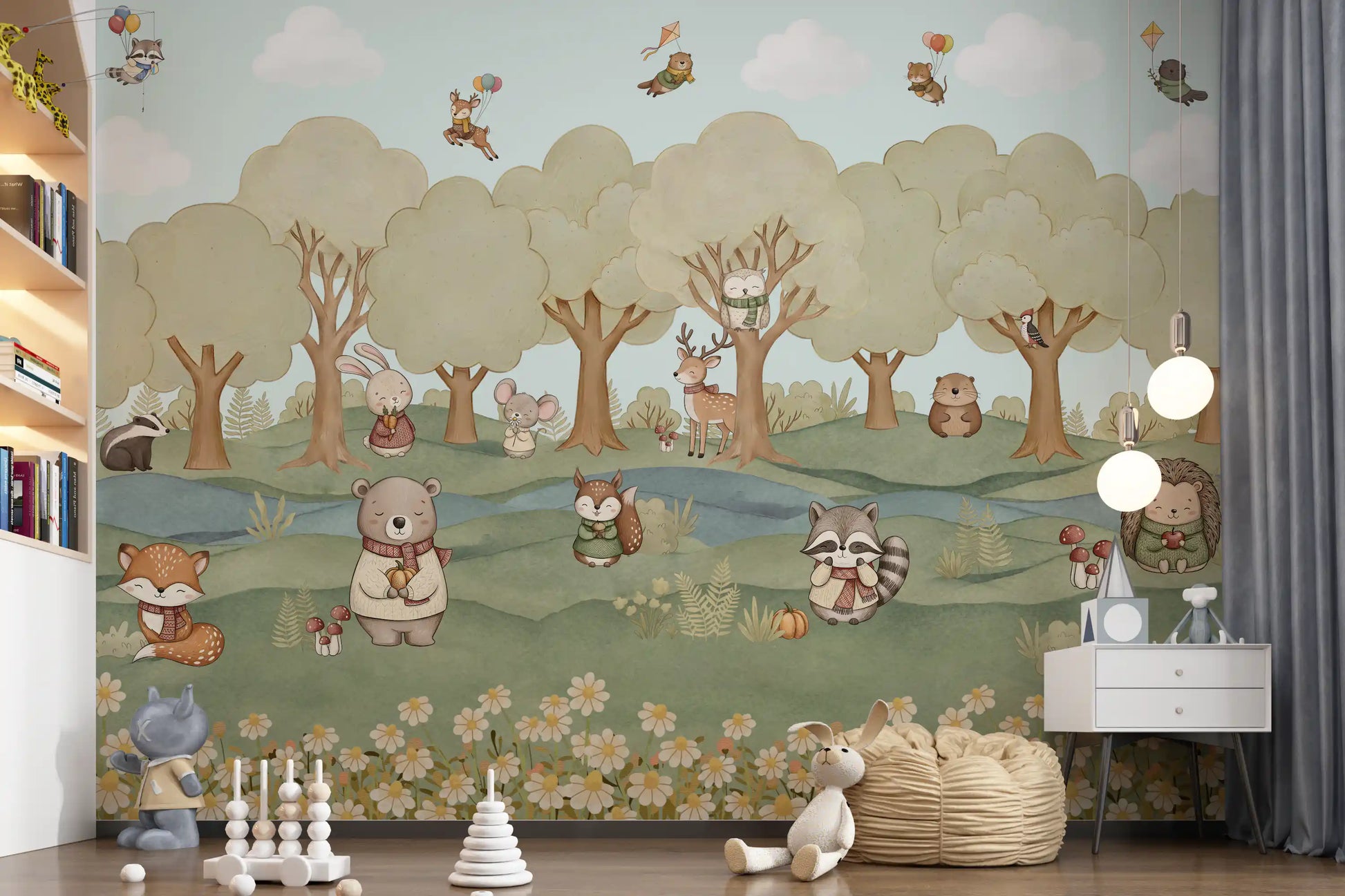 Daisy meadow base running across the Whimsical Woodland wall mural